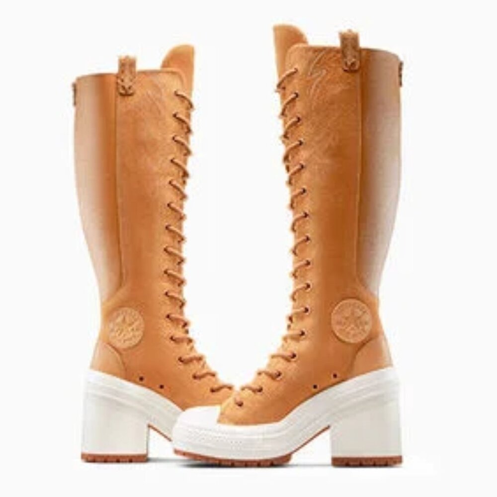CONVERSE Tall Lace-Up Heeled Boots in Tan w/ White, 7.5 NWT